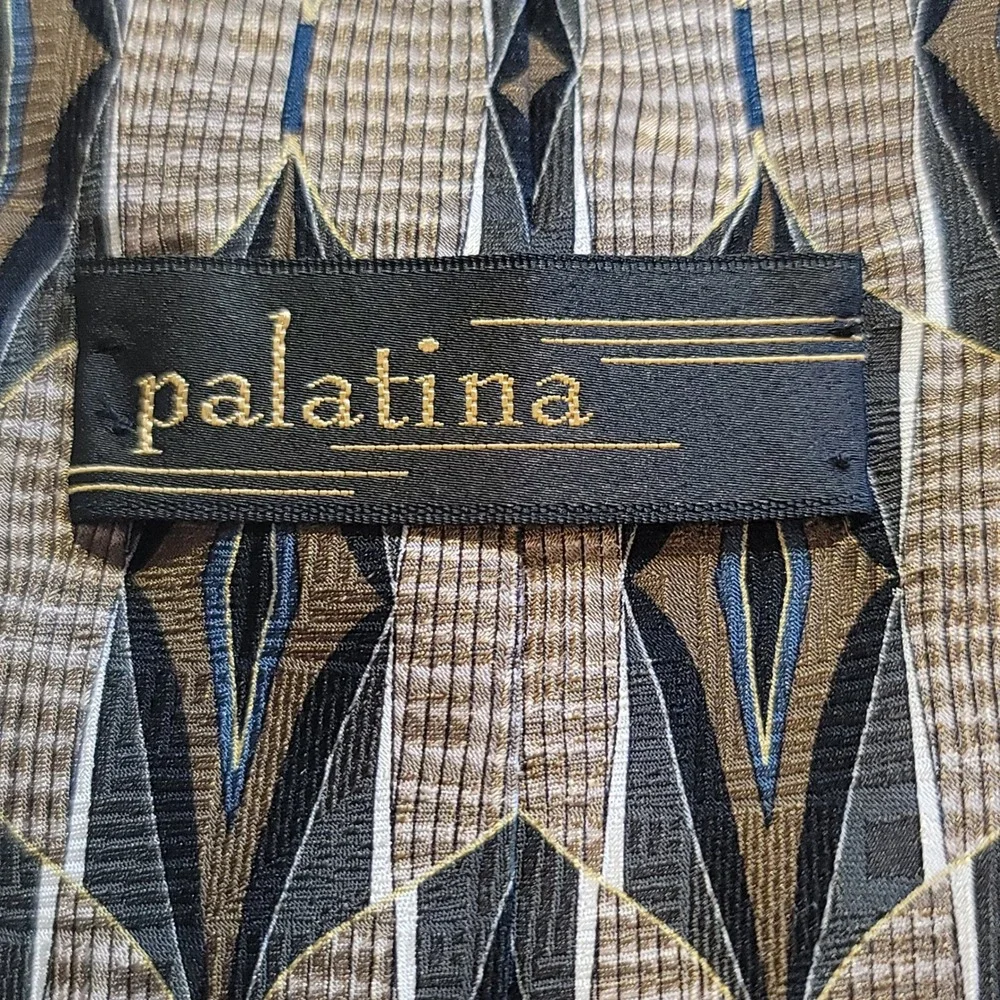 Palatina Silk Necktie Mens OS Brown Grey Blue Geometric Diamond Made in USA